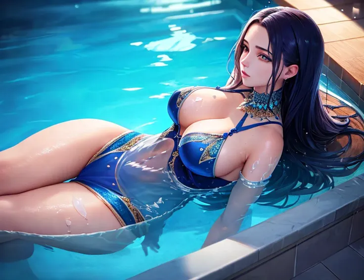 Unreal photo main visual, beautiful woman in the pool, dim lighting, elegant, highly detailed, smooth, (glowing water, royal blue), sharp focus, illustration, geometry