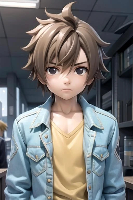 masterpiece, best quality, game cg, 1boy, solo, male focus, looking at viewer, upper body, depth of field, anime coloring, , <lora:hibiki_laytis:0.74>, hibiki_laytis, light brown hair, black eyes, jeans, , feminist science fiction,