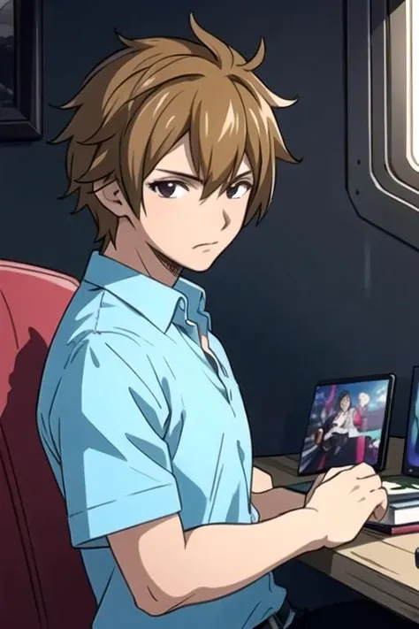 masterpiece, best quality, game cg, 1boy, solo, male focus, looking at viewer, , depth of field, , , <lora:hibiki_laytis:0.70>, hibiki_laytis, light brown hair, black eyes, , biopunk, HD-DVD