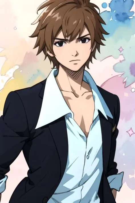masterpiece, best quality, wallpaper, 1boy, solo, male focus, looking at viewer, , , (watercolor illustration, soft pastel colors:1.1), realistic, <lora:hibiki_laytis:0.70>, hibiki_laytis, brown hair, black eyes, , caps, , 2k resolution