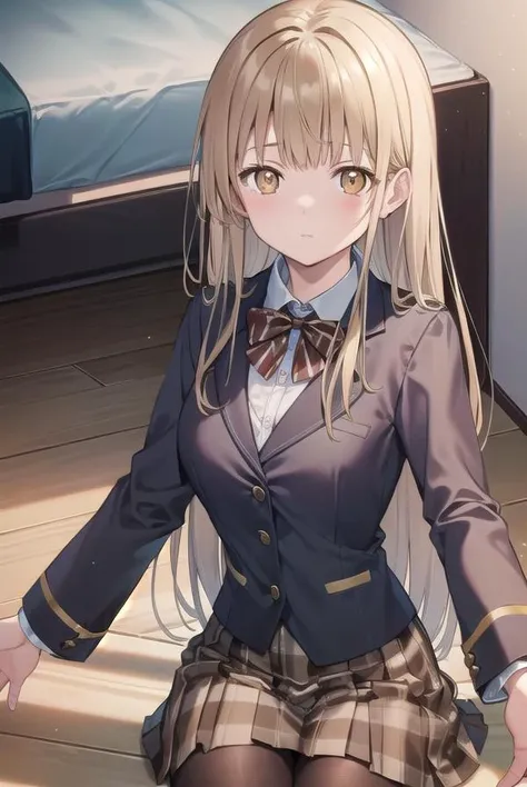 masterpiece:1.5, high quality, anzu futaba, , 1girl, black , black blazer, black mini skirt, brown cardigan, {{tareme:1.4}}, blush, wide-eyed, smile, closed mouth, missionary, (((lying, on back))), on bed, ((spread legs)), (from below), upper body, white lace panties, (pussy juice), sweat, flat chest, slim, small hip, (((slim legs))), skinny, slender, camel toe, looking at viewer, panty focus, hands on crotch
