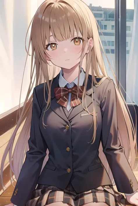 masterpiece:1.5, high quality, anzu futaba, , 1girl, black school uniform, black blazer, black mini skirt, brown cardigan, {{tareme:1.4}}, blush, flustered, parted lips, looking at viewer, skirtliftfront, skirt lift,  (((spread legs))),  hands on crotch, indoor, ((from below)), upper body, white lace panties, pussy juice, flat chest, slim, small hip, (((slim legs))), skinny, slender, camel toe, profile, girl on top