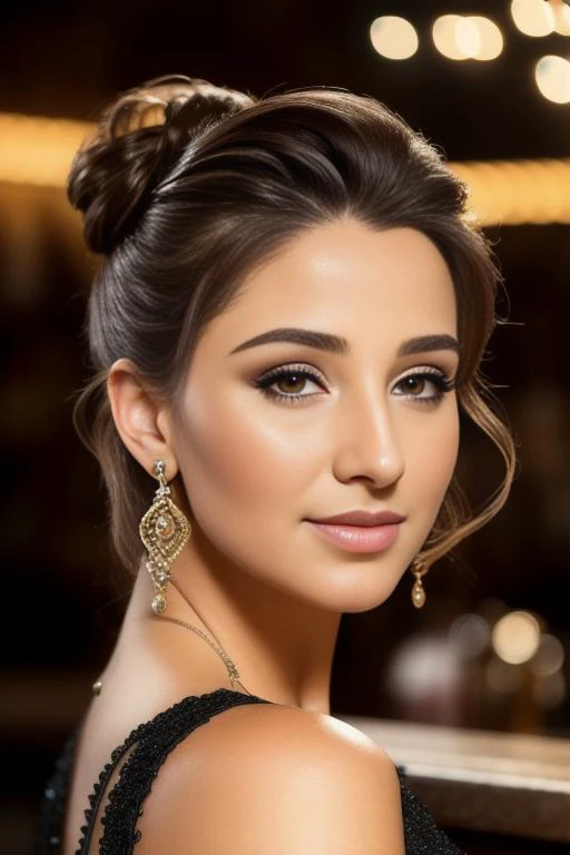 portrait photo of AbellaDanger beautiful woman hair updo upsweep nightclub sitting at bar (masterpiece) (best quality) (detailed) (8k) (HDR) (wallpaper) (cinematic lighting) (sharp focus) (intricate) <lora:AbellaDanger:0.9>