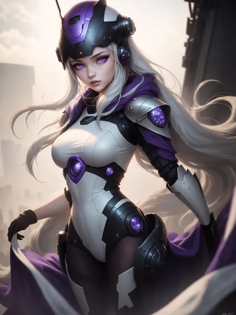(best quality, masterpiece:1.2), photorealistic, ultra high res, front lighting, intricate detail, Exquisite details and textures, hdr, vibrant, (white background:1), face highlight, sexy, seductive, (detailed purple eyes:1.3), (beautiful detailed eyes), (beautifully detailed face), (1girl, smooth thigh, pale skin, wind swept long flowing white hair, light freckles, subtle makeup, flush), (sci-fi armor, cybernetics, futuristic, helmet), thick swirling fog, bokeh, science fiction, <lora:unholy:0.8> sc3pt4 style