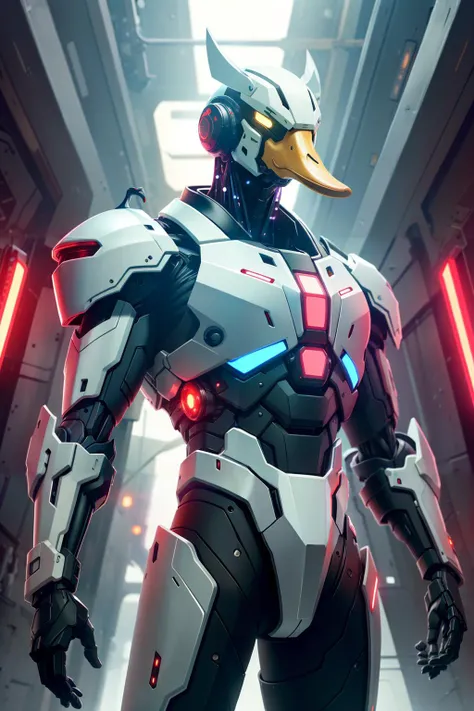Masterpiece, best quality, highly detailed, Cyber ((duck)), a man's body with a duck's head, mecha suit, android, cyberpunk , sci-fi ,white paint, beak,<lora:Unholy:0.8>, red lights , laser