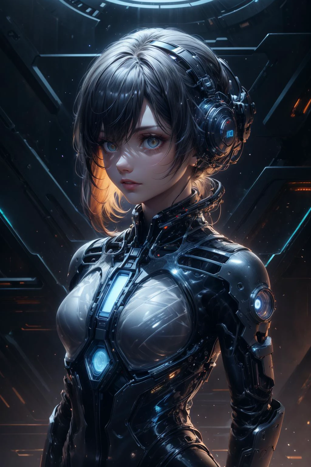 absurdres, highres, (official art, beautiful and aesthetic:1.2), kaleidoscope, <lora:add_detail:1>, <lora:sharpen-soften:-0.5>, <lora:realistic:0.25>, <lora:stylesqueeze_v1b:1.0>,
1 girl, adult ukrainian woman, black eyes, yellow medium hair,
portrait, looking at viewer, solo, upper body, detailed background, detailed face, (<lora:Unholy:0.5>, Sc3pt4, scifi theme:1.1) high-tech futuristic hacker, advanced technology, coat, techwear, keycard, electronics, blue (holographic display:1.05), unauthorized, encrypted symbols, computer, neural network, screens in background, green lights, subterfuge, dark sinister atmosphere, shadows,