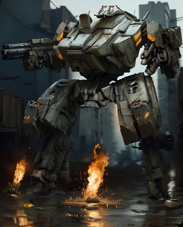 large-format <lora:BattleMech:0.8> battlemech-opening-fire-on-civilians <lora:Unholy:0.8> Sc3pt4 (Dystopian-style-:1.3) Bleak post-apocalyptic somber dramatic highly-detailed
