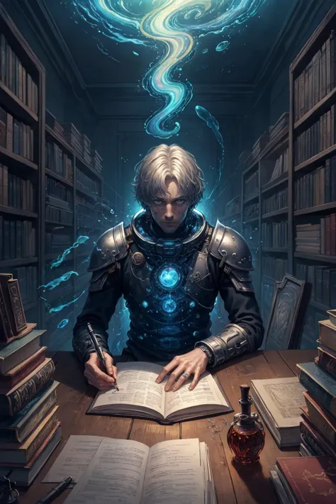 (masterpiece, best quality), photorealistic rendering, stylized digital art, colorful paint style, <lora:add_detail_v5:1>
(1man, thin adult german male:1.2), black eyes, silver hair, shaggy hair,
solo, half shot, looking at viewer, detailed background, detailed face, intricate details, (<lora:Unholy:0.5>, Sc3pt4, scifi theme:1.1) scholar sitting at desk, researching, focusing, clutter, surrounded by books, abacus, cryptic device, formulas, floating magical symbols, magic emerging from text, (style-swirlmagic:1.0), ancient magic, library in background, mysterious atmosphere,