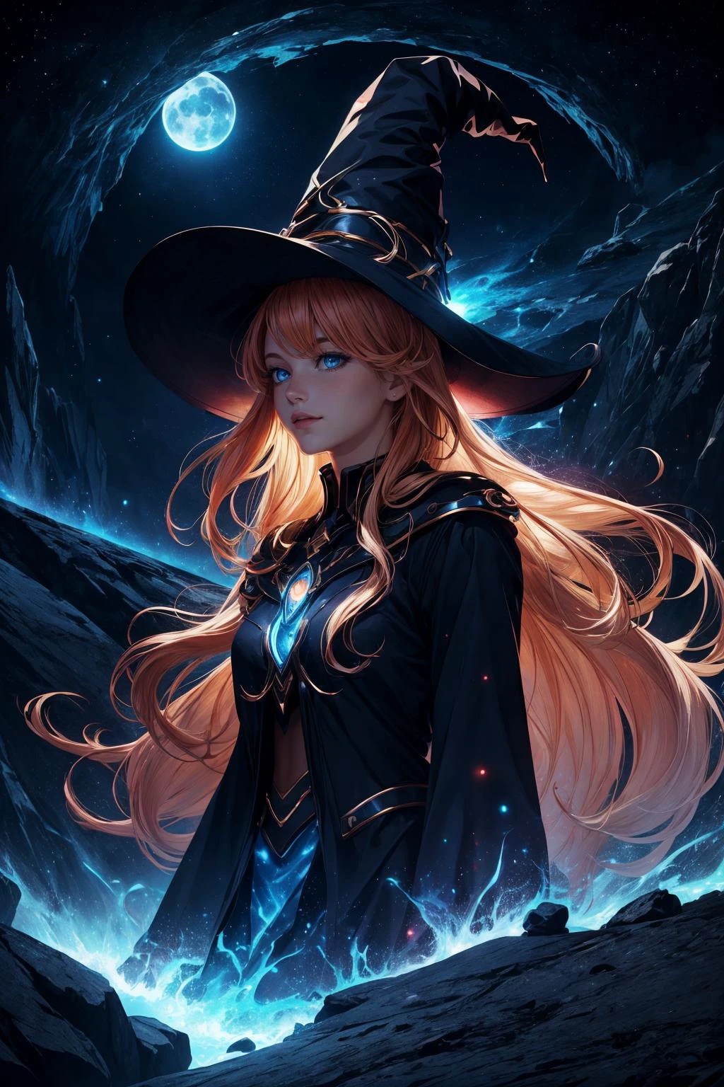 maximum details, cinematic, abstract art, dark theme, stylized, deep shadow, <lora:add_detail:0.5>, <lora:epi_noiseoffset2:0.5>,
1 girl, adult (elven:0.7) woman, blue eyes, ginger hair flaps,
Style-GravityMagic, portrait, looking up, solo, (full body:0.6), detailed background, (<lora:Unholy:0.5>, Sc3pt4, scifi theme:1.1), light smile, witch hat, witch, magical atmosphere, hair flowing in the wind, yellow trimmed light colored clothes, whirlwind of glowing magic weaves in the air, swirling portal, dark magic, floating particles, moonlit clearing background, backlighting,