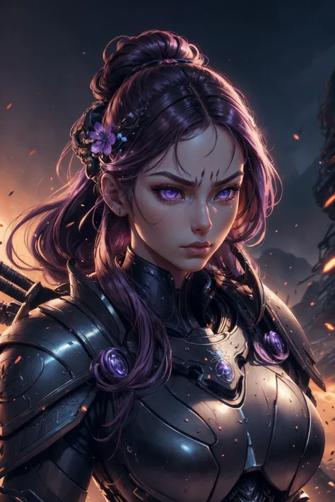 beautiful and detailed illustration, pop art, masterpiece, best quality, ultra-detailed, soft lighting, cinematic shot, vibrant colors, gorgeous colors, <lora:add_detail:0.3>, <lora:stylesqueeze_v2:0.5>,
1 girl, adult (elven:0.7) woman, purple eyes, ginger prom hairstyle,
portrait, solo, upper body, looking up, detailed background, detailed face, (<lora:Unholy:0.5>, Sc3pt4, scifi theme:1.1), ronin, black samurai armor, angry, samurai crest, battlefield in background, wind, cinematic atmosphere,