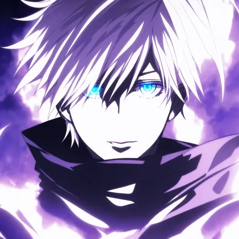 1 boy, solo, white hair, blue eyes, glowing eyes, purple aura  <lora:Gojo:0.6>
