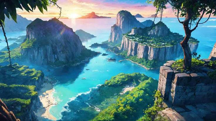 soft and warm color, movie still,bright, vivid,dreamy, evocative use of light and shadow, incredible beauty, anime style, vibrant, studio anime, beautiful, textural, ray tracing, absurdres, offical art, illustration, (((masterpiece))),(((best quality))),((ultra-detailed)), miyazaki style,a tropical island with jungle and ancient ruins, spirit wolf perched on top, mountain, majestic, in the caribbean, sunrise, trees, vines, overgrown, ink stains, ink splatters, ink runs, ink spots, faded ink, linquivera