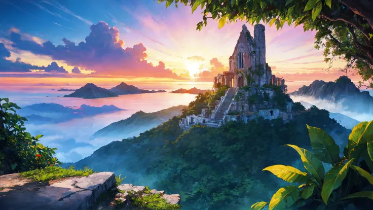 soft and warm color, movie still,bright, vivid,dreamy, evocative use of light and shadow, incredible beauty, anime style, vibrant, studio anime, beautiful, textural, ray tracing, absurdres, offical art, illustration, (((masterpiece))),(((best quality))),((ultra-detailed)), miyazaki style,a tropical island with jungle and ancient ruins, spirit wolf perched on top, mountain, majestic, in the caribbean, sunrise, trees, vines, overgrown, ink stains, ink splatters, ink runs, ink spots, faded ink, linquivera
