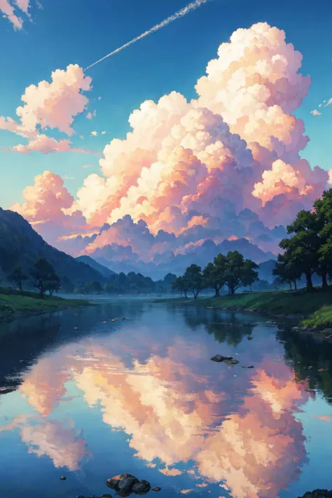 soft and warm color, movie still,bright, vivid,dreamy, evocative use of light and shadow, incredible beauty, anime style, vibrant, studio anime, beautiful, textural, ray tracing, absurdres, offical art, illustration, (((masterpiece))),(((best quality))),((ultra-detailed)), hayao miyazaki style, ((field, scenery, blue sky, clouds, relaxing anime scene))