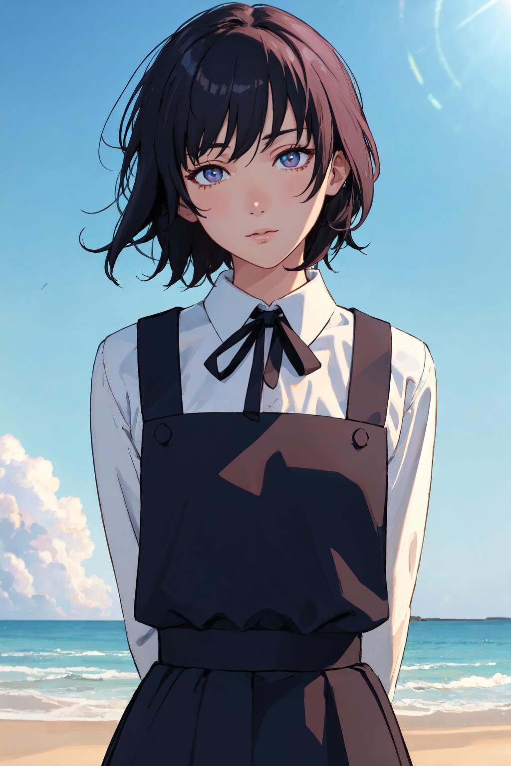 A woman in a black dress standing on a beach next to the ocean - SeaArt AI