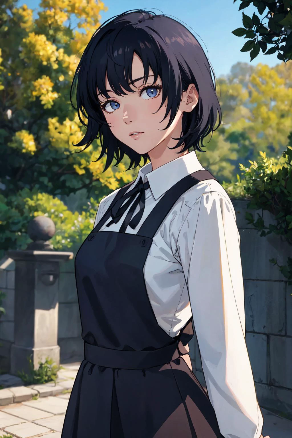 soft and warm color, movie still,bright, vivid,dreamy, evocative use of light and shadow, incredible beauty, anime style, vibrant, studio anime, beautiful, textural, ray tracing, absurdres, offical art, illustration, (((masterpiece))),(((best quality))),((ultra-detailed)), (aged_up, mature female, solo, 25 y.o.), looking at viewer, hayao miyazaki style, arms behind back, long sleeves, 1girl short hair, bang, white shirt black dress neck ribbon, pinafore dress, black pinafore dres, <lora:sayonara_eri:0.7>, outdoors, coloring page