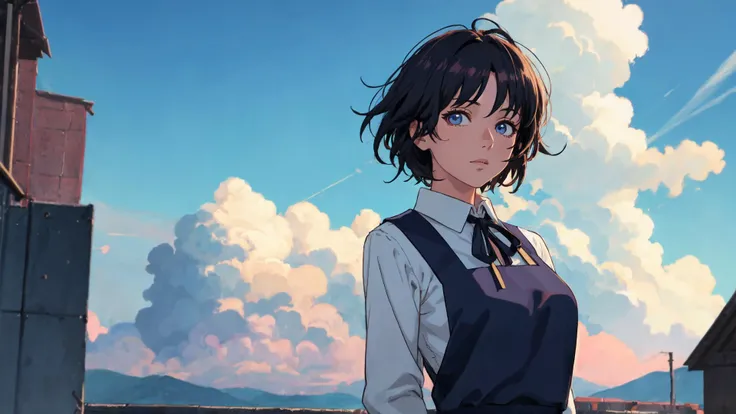 soft and warm color, movie still,bright, vivid,dreamy, evocative use of light and shadow, incredible beauty, anime style, vibrant, studio anime, beautiful, textural, ray tracing, absurdres, offical art, illustration, (((masterpiece))),(((best quality))),((ultra-detailed)), (aged_up, mature female, solo, 25 y.o.), looking at viewer, hayao miyazaki style, arms behind back, long sleeves, 1girl short hair, bang, white shirt black dress neck ribbon, pinafore dress, black pinafore dres, <lora:sayonara_eri:0.7>, outdoors,