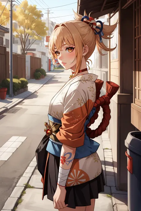 (masterpiece, best quality),  intricate details,
1girl,    <lora:yoimiya-10:0.8> yoimiya, solo, ponytail, hair ornament, choker, tattoo, bandages, japanese clothes, sarashi, kimono, arm tattoo, red choker, orange kimono, chest tattoo, rope, shimenawa, sash, obi, hadanugi dousa, orange eyes
outdoors, taking out the trash, (trash bag, trash can:1.2),