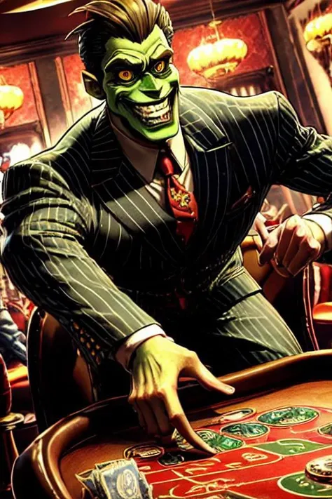1boy, evil grin, teeth, pinstripe suit, cigar, stupid_face, jerma, big eyes, green skin, yellow eyes, red eyes, long nose, goblin, money, casino chips, crazy, looney, monster, vlozhkin