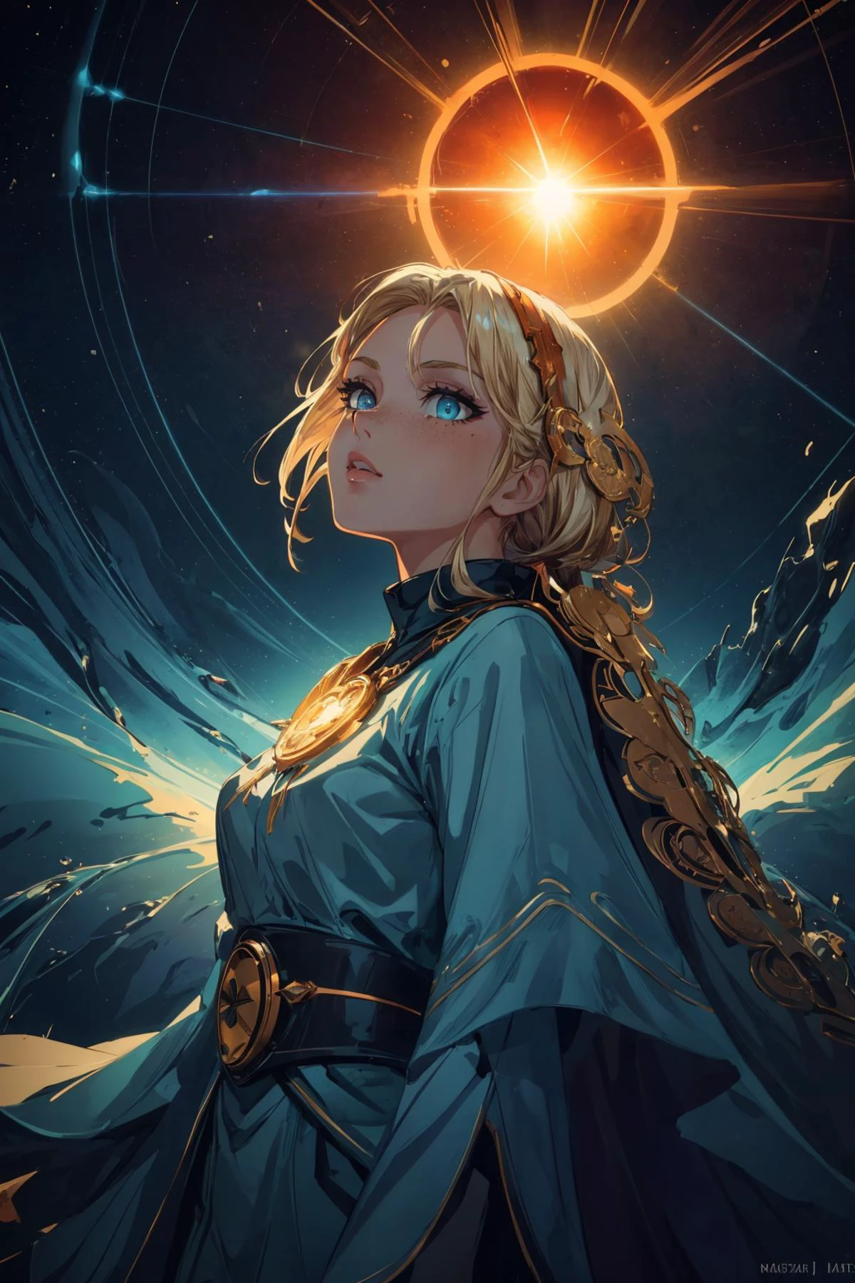 maximum details, cinematic, (abstract art:1.1), dark theme, stylized, <lora:add_detail:0.5>, <lora:epi_noiseoffset2:0.5>,
1 girl, adult (elven:0.7) woman, freckles, aquamarine eyes, medium blonde waterfall braid,
(style-swirlmagic:0.8), solo, (full body:0.6), looking up, detailed background, detailed face, (<lora:RetroFuturismAI:0.5>, RetroFuturismAI, retro-futurism theme:1.1), glowing eyes, solar-mage, blessed by the sun-god, bright colors, wearing elaborate orange sorcerer robes, blazing necklace of helios, casting spell, the power of a thousand suns, solar storm in background, solar reflections, epic atmosphere,
<lora:DreamArt:0.6>,