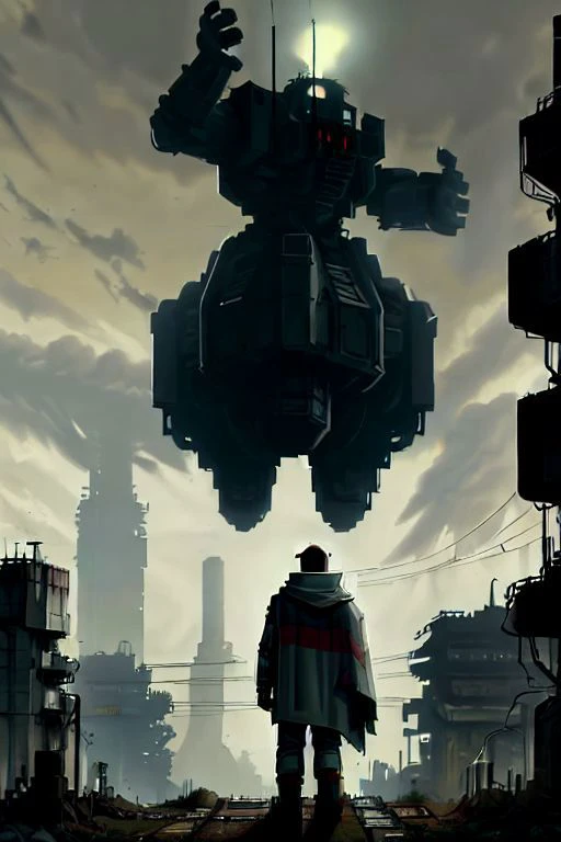 boy with a long torn cape riding motorcycle, (NESStyle:1.2), raincoat, industrial, vast overgrowth, abandoned city, brutalism, silhouette of a towering battletech mecha in the distance, hanging wires, (facing monster:1.2), clouds, spotlight