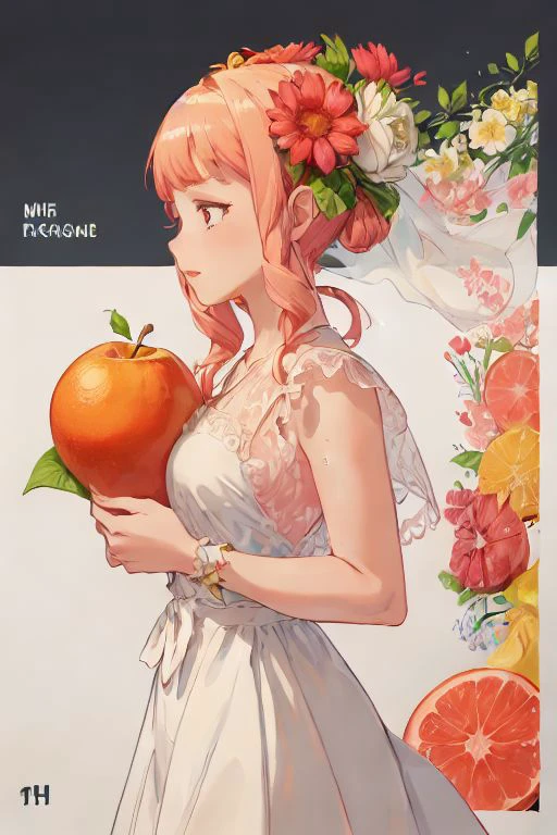 (1girl:1.5), (design:1.3), text, neon_nouveau, flowers, swash, apple, pear, grapefruit, plaid, cornucopia, bouquet, grid, rainbow, splash