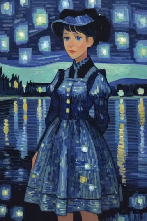 1girl, night sky, lake, dress, impressionism