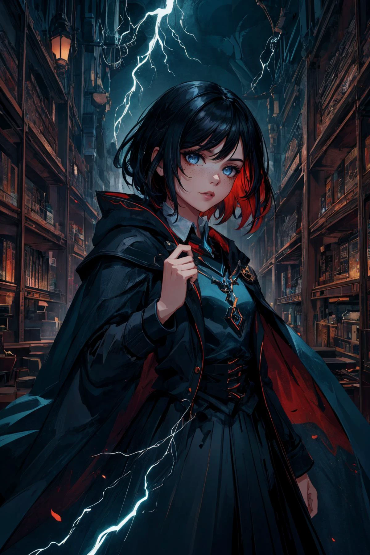 maximum details, cinematic, abstract art, dark theme, deep shadow, <lora:add_detail:0.5>, <lora:epi_noiseoffset2:0.5>,
1 girl, adult (elven:0.7) woman, freckles, ruby eyes, dark red quiff hair,
(style-swirlmagic:0.8), looking at viewer, solo, (full body:0.6), detailed background, detailed face, (<lora:FragRealityTech:0.6>, fragrealitytech theme:1.1), hogwarts teacher, curious, (ravenclaw :1.1), necktie, cloak, casting spell, surrounded by lightning, <lora:LightingVFX:0.4>, library in background, sunlight,
<lora:Elixir:0.8>,