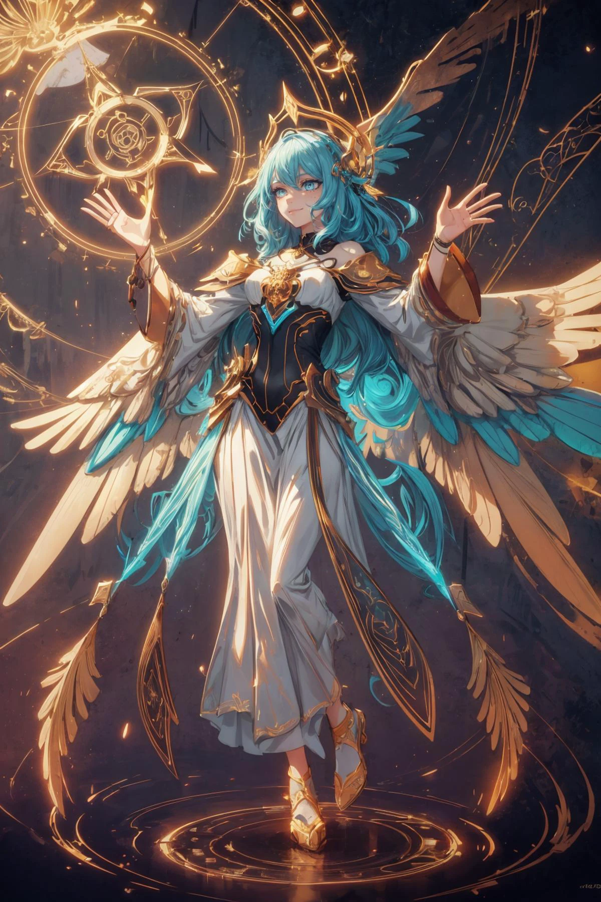 maximum details, cinematic, abstract art, dark theme, stylized, deep shadow, <lora:add_detail:0.5>, <lora:epi_noiseoffset2:0.5>,
1 girl, adult (elven:0.7) woman, freckles, turquoise eyes, yellow beach waves hair,
(style-swirlmagic:0.8), solo, full body, detailed background, detailed face, (<lora:GlyphTech:0.5>, symbols, hologram, magic circle, glyphtech theme:1.1), glowing eyes, (angel of the moon:1.05), large feathery wings, wearing gold themed robes, , warm smile, serene calmness, raised hand, floating glowing particles, sparks, shining halo above head, gloria, justiciar, ethereal forest in background, soft ethereal lighting, gentle breeze, fantasy atmosphere,
(tangbohu-buff:0.5),