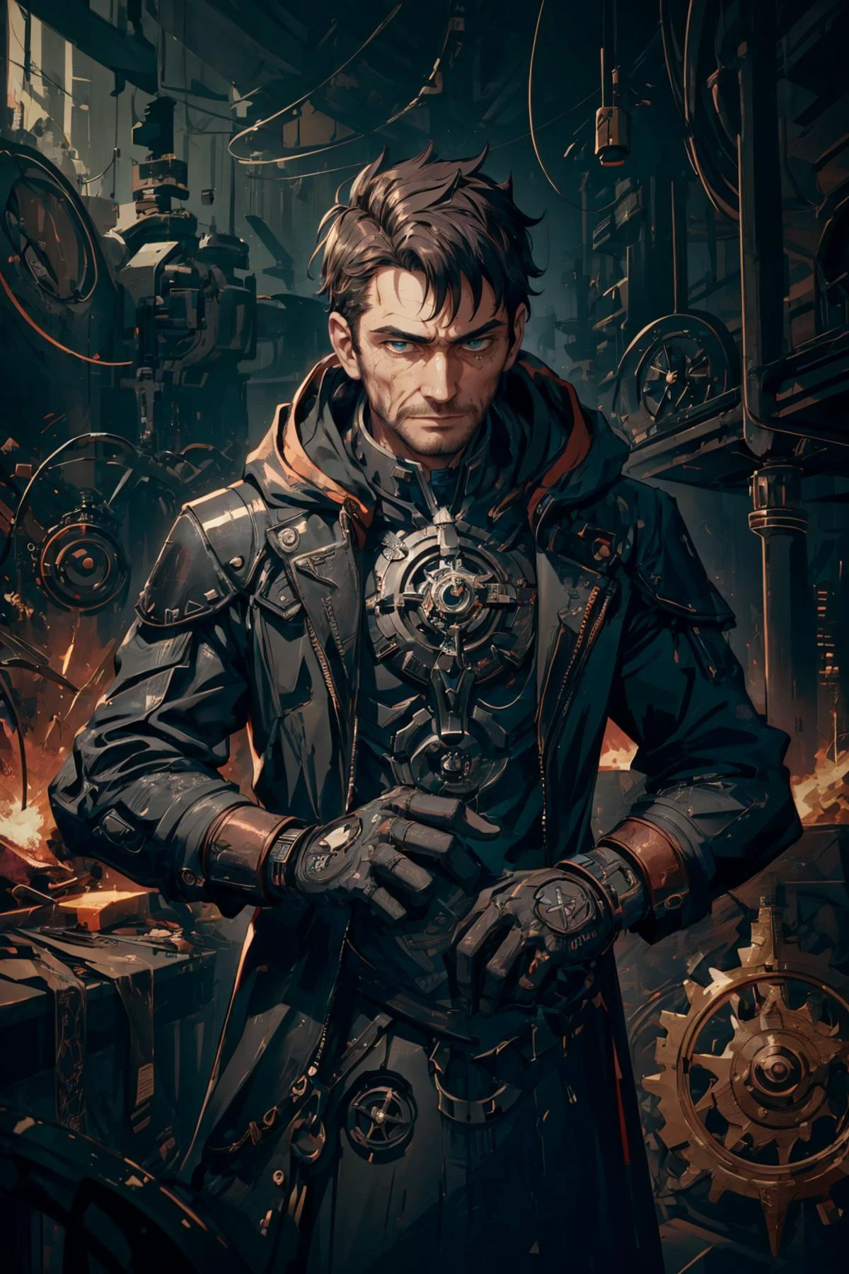 maximum details, cinematic, (abstract art:1.1), dark theme, deep shadow, <lora:add_detail:0.5>, <lora:epi_noiseoffset2:0.5>,
(1man, wrinkled face, old british male:1.2), wise, turquoise eyes, brown hair, buzz cut,
(style-rustmagic:0.8), portrait, looking at viewer, solo, upper body, detailed background, (<lora:ChronomancyAI:0.5>, ChronomancyAI, chronomancy theme:1.1) maniacal laughter, dynamic pose, dark clouds technomancer, floating metal scraps, black tattered dirty clothes , techwear, gloves with intricate gears, hood, blowtorch, workshop in background, machines, gears, intricate clockwork mechanisms, , anvil,
<hypernet:sxzBloom_sxzBloom:0.2>,