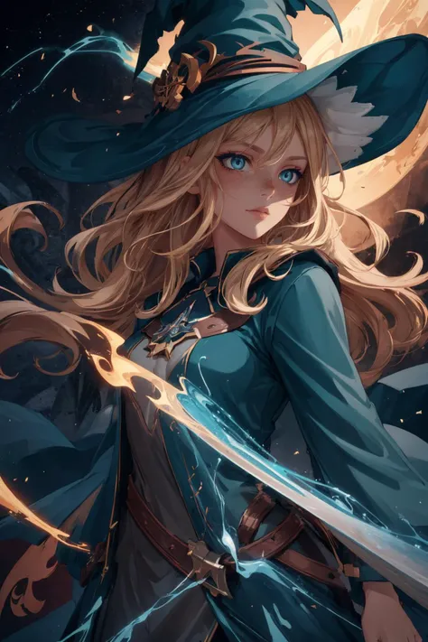 maximum details, cinematic, (abstract art:1.1), stylized, <lora:add_detail:0.5>, <lora:epi_noiseoffset2:0.5>,
1 girl, adult (elven:0.7) woman, freckles, grey-blue eyes, natural blonde wavy hair,
(style-swirlmagic:0.8), looking at viewer, solo, (full body:0.6), detailed background, witch hat, witch, magical atmosphere, hair flowing in the wind, green trimmed dark colored clothes, dynamic pose, glowing lightning in the air, dark magic, floating particles, abandoned valley background, updraft,
<lora:sharpen-soften:-0.5>,