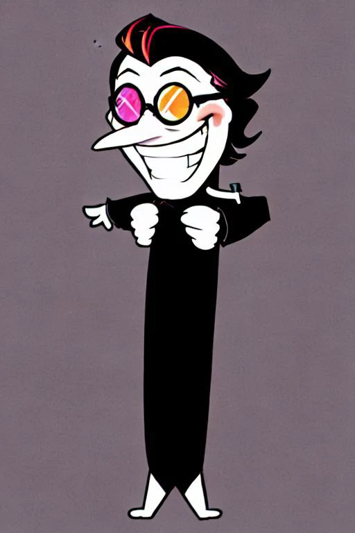 spamton, chibi, multicolor glasses, , black shirt, v-neck, ventriloquist dummy, evil grin, long nose, short, gremlin, stupid_face, simple background