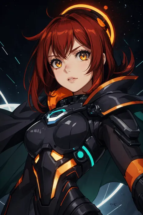 maximum details, cinematic, abstract art, dark theme, stylized, <lora:add_detail:0.5>, <lora:epi_noiseoffset2:0.5>,
1 girl, adult woman, amber eyes, chestnut lob hair,
Style-GravityMagic, cyborg portrait, (bloody scars:0.7), looking at viewer, solo, half shot, detailed background, close up, detailed face, futuristic glowing digital cobalt armor, rectangular pattern, cape, high-tech, rivets, gadgets, (small high-tech goggles:0.8), epic galactic starry outer space in background, green lights, flashes of light, sparks, explosions, cinematic atmosphere,
<lora:pixel_f2:0.3> pixel,
