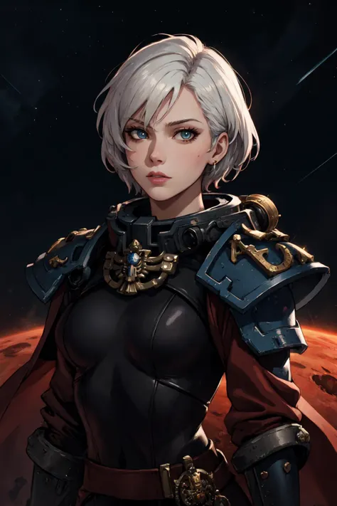 absurdres, [perfect shadows, masterpiece, attentive, high quality, detailed, extremely detailed, 4K, high definition, intricate, cinematic, 8k, ultra quality, 8K UHD,official art, illustration, Warhammer, Warhammer_40k, dark fantasy, 1girl, aged_up, mature female, woman, solo, looks at the viewer, white hair, short hair, <lora:WH40KSisters_V2rank8:1>, warhammer 40k, space marine, armor, adepta sororitas, space background, stars, (upper-body:1.3), <lora:LowRA:0.3>, night, dark, shadow on face,