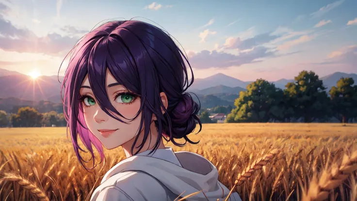soft and warm color, movie still,bright,vivid,dreamy,evocative use of light and shadow, incredible beauty,anime style,vibrant,studio anime,beautiful,textural, ray tracing, absurdres, offical art, illustration, (((masterpiece))),(((best quality))),((ultra-detailed)), 1girl, aged_up, mature female, solo, looks at the viewer, <lora:reze_v1:0.8>, Reze, purple hair, hair between eyes, short hair, hair bun, green eyes, <lora:add_detail:0.3>, outdoors, sun, wheat field, closed mouth, smile