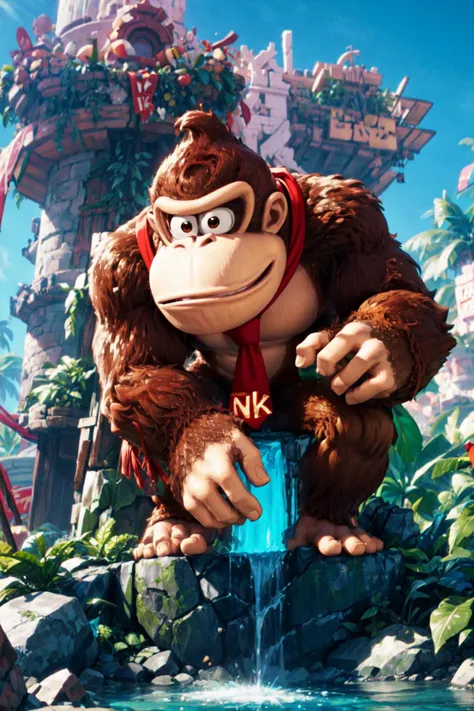 solo, jungle, tree house, <lora:add_detail:0.7>, <lora:dkong-09:0.6>, dkong, red necktie, gorilla, furry, no humans, brown fur, donkey kong, <lora:SM(120R):0.8>, in the style of SM, <lora:tachi-e:1>, white background, full body,