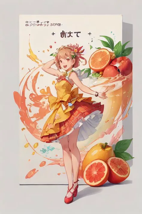 (1girl:1.5), (design:1.3), text, neon_nouveau, flowers, swash, apple, pear, grapefruit, plaid, cornucopia, bouquet, grid, rainbow, splash