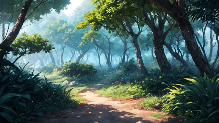 anime style, beautiful, textural, ray tracing, absurdres, offical art, illustration, (((masterpiece))),(((best quality))),((ultra-detailed)), hayao miyazaki style, nature, jungle, scenery
