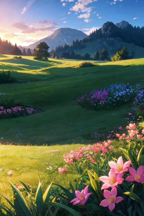 (masterpiece, best quality, glowing light, ultra detailed), grass, scenery, flower, anime footage