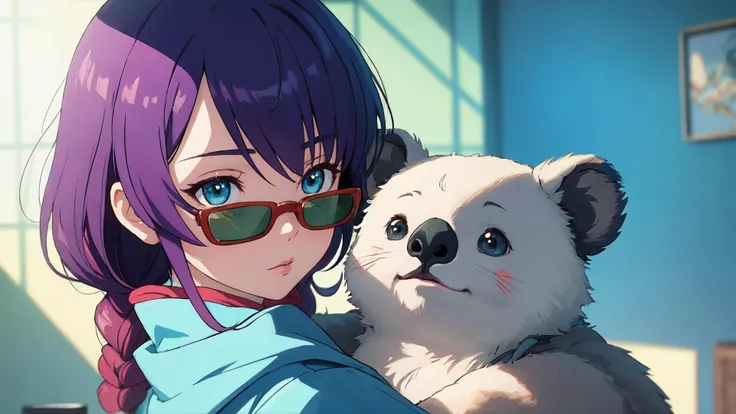 soft and warm color, still,bright, vivid,dreamy, evocative use of light and shadow, incredible beauty, anime style, vibrant, studio anime, beautiful, textural, ray tracing, absurdres, offical art, illustration, (((masterpiece))),(((best quality))),((ultra-detailed)), hayao miyazaki style, koala wearing sunglasses, dreamy colour palette