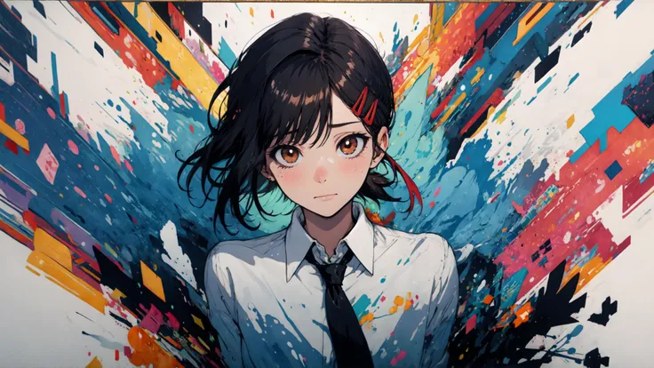 (masterpiece:1.2), best quality,official art, illustration, midjourney, 1girl, aged_up, mature female, solo, looking at viewer, arms behind back, kobeni higashiyama, black hair, hair ornament, hairclip, brown eyes, ponytail, short hair, black necktie, white shirt, <lora:kobenihigashiyamatest2:1>, abstract art, closed mouth, emotionless <lora:midjourney_20230624181825:0.8>, upper-body