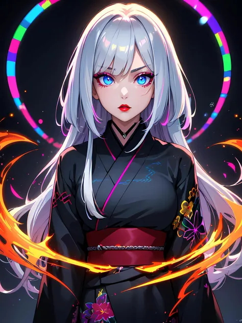 (((masterpiece))), (((best quality))),((ultra-detailed)), 1girl, silver straight hair, glowing hair, glowing eyes, multicolored neon, perfect detailed eyes, e-girl, black eyeliners, red lips, black kimono, sharp focus, hdr, hyperdetailed, anime style, beautiful, textural, ray tracing, absurdres, dark background