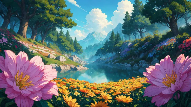 soft and warm color, still,bright,vivid,dreamy,evocative use of light and shadow, incredible beauty,anime style,vibrant,studio anime, vibrant,beautiful,textural,(((masterpiece))),(((best quality))),((ultra-detailed)),impeccable, intricate details, outdoors, nature, scenery, flowers, hayao miyazaki style, <lora:add_detail:0.3>