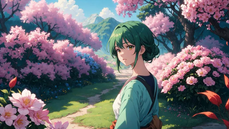 soft and warm color, still,bright,vivid,dreamy,evocative use of light and shadow, incredible beauty,anime style,vibrant,studio anime, vibrant,beautiful,textural,(((masterpiece))),(((best quality))),((ultra-detailed)),impeccable, intricate details, outdoors, nature, scenery, flowers, hayao miyazaki style, <lora:add_detail:0.3>