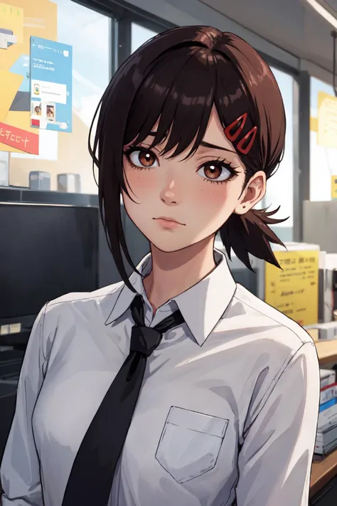 (masterpiece:1.2, best quality:1.2, beautiful, high quality, highres:1.1), (attentive:1.2), detailed, extremely detailed, 4K, 1girl, kobeni higashiyama, black hair, hair ornament, hairclip, brown eyes, ponytail, short hair, black necktie, white shirt, <lora:kobenihigashiyamatest:1>, emotionless