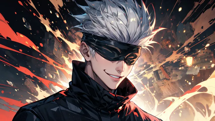 (masterpiece:1.2, best quality:1.2, beautiful, high quality, highres:1.1, top quality,8k wallpaper, high_resolution:1.2, attentive:1.2, detailed, ultra details:1.2, extreme quality),official art, illustration, <lora:midjourney_20230624181825:0.5>, midjourney, <lora:add_detail:0.6>, <lora:jjk_gojo-11:1>, gojo satoru, blindfold, male focus, 1boy, aged_up, solo, black blindfold,covered eyes, black jacket, high collar, ((upper-body:1.5)),chromatic aberration, smile, smirk