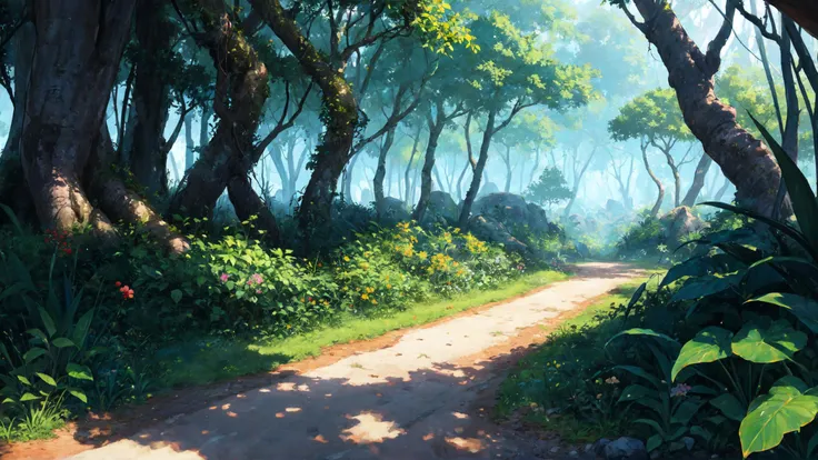 anime style, beautiful, textural, ray tracing, absurdres, offical art, illustration, (((masterpiece))),(((best quality))),((ultra-detailed)), hayao miyazaki style, nature, jungle, scenery