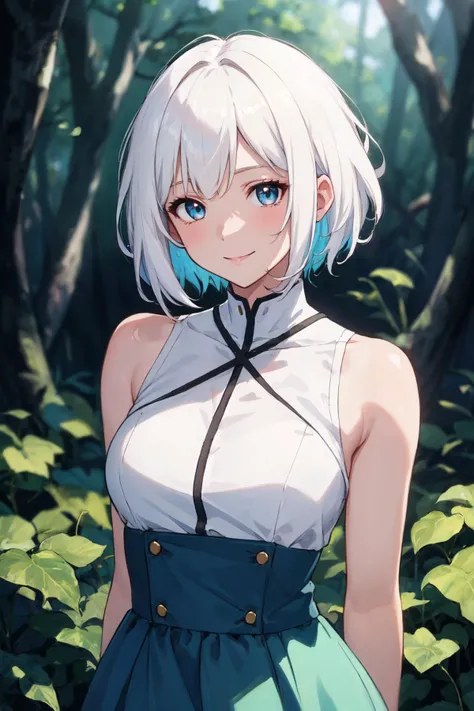 (masterpiece, best quality, glowing light, ultra detailed, detailed background, complex background, soft warm color, still, bright, vivid, dreamy, evocative, light and shadow, anime style, vibrant, ray tracing, absurdres), field, nature, 1girl, aged_up, solo, mature female, dress, arms behind back, smile, upper-body, shaggy hair, white hair, short hair