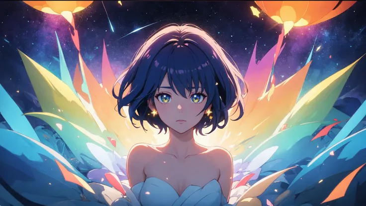 (masterpiece, best quality, glowing light, ultra detailed, detailed background, complex background, soft and warm color, still,bright, vivid,dreamy, evocative use of light and shadow, incredible beauty, anime style, vibrant, studio anime, beautiful, textural, ray tracing, absurdres, offical art, illustration), hayao miyazaki style, starry sky, stars