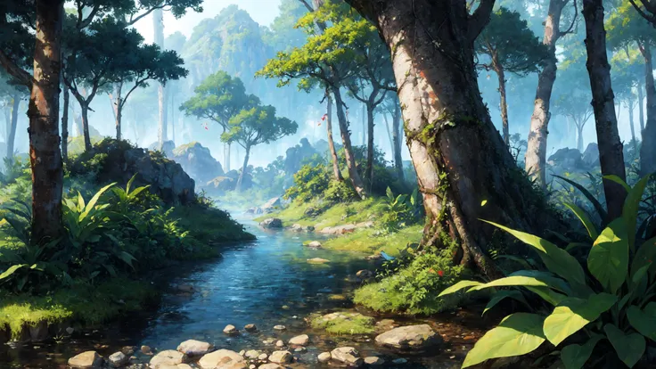 anime style, beautiful, textural, ray tracing, absurdres, offical art, illustration, (((masterpiece))),(((best quality))),((ultra-detailed)), hayao miyazaki style, nature, jungle, scenery